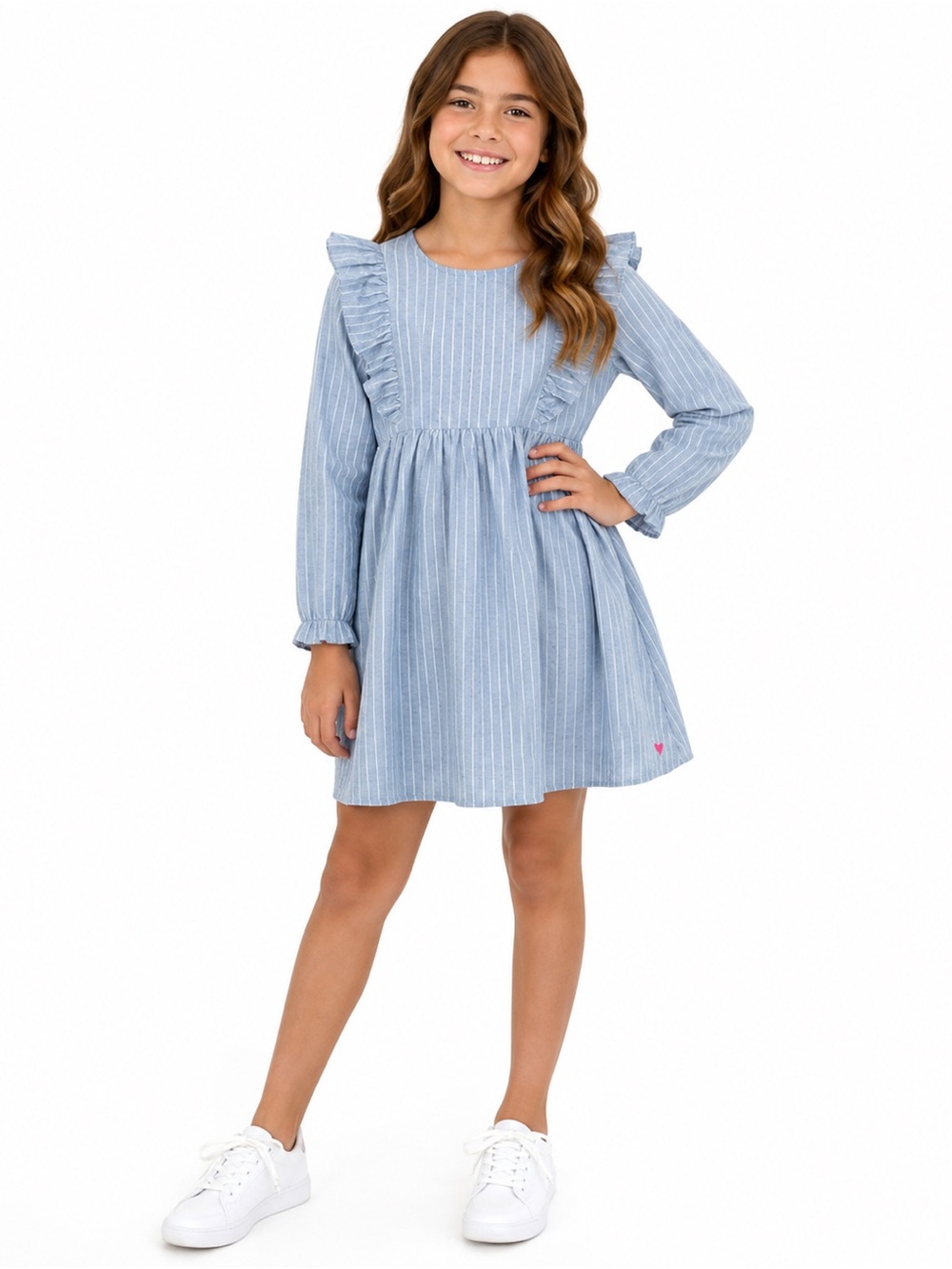 NWOT Pink Chicken Kylie Dress Girls Light Blue Pinstripe Ruffle Yoke Dress